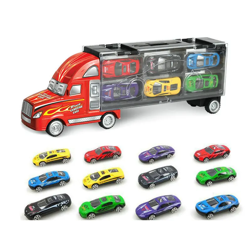 

Hot Big Transporter Heavy Truck with 12 Pcs Mini Metal Car Portable Container Truck Model Wheels Car Storage Box Boys Toys Gift