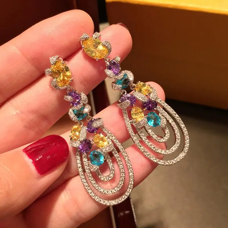 

Ladies Luxury Earrings Silver Color Exaggerated Temperament Color Zircon Tassel Earrings Long drop-shaped Dinner Earrings