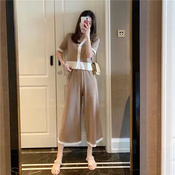 

New Summer Women Knitted Two Piece Set Sexy V-neck Short Sleeve Outfit And Wide-leg Pants Suit Casual Loose Female Streetwear