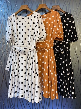 

2020 Spring and Summer New Women's Back Neck Zipper Decorative Buckle with Waist Hugging Dot Prints Short-Sleeve Dress 609