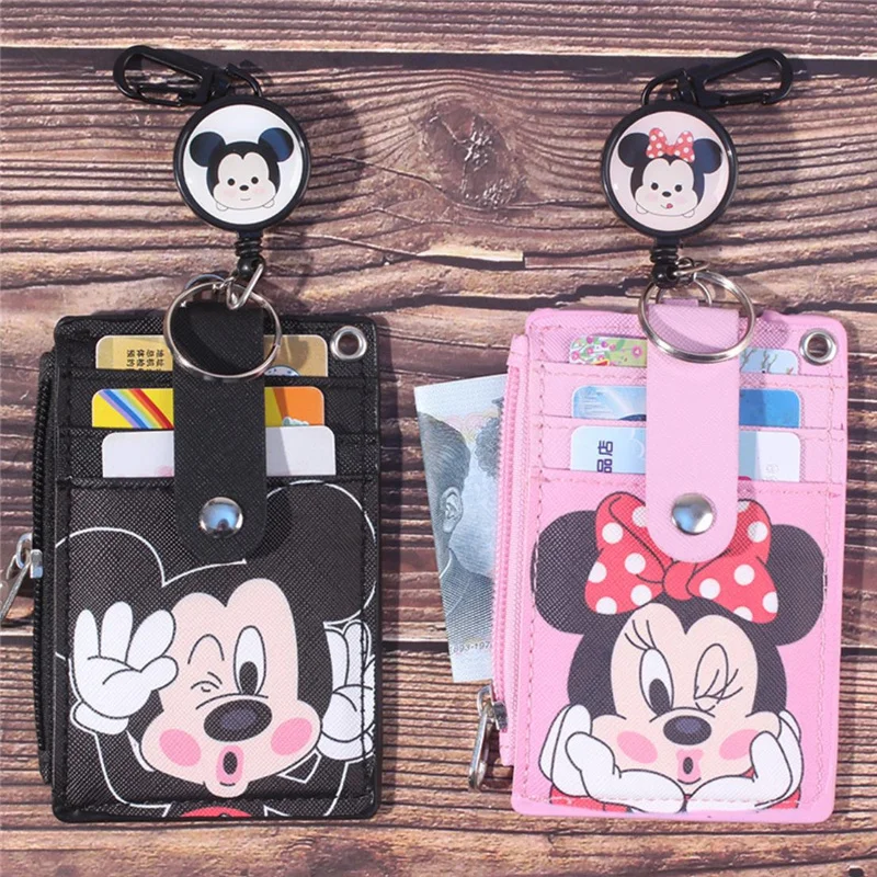 Disney New Minnie Mickey Mouse hanging neck retractable card holder campus card meal card ID card shell leather case multi-card x level vintage style pu leather coated tpu shell for samsung galaxy s9 sm g960 brown