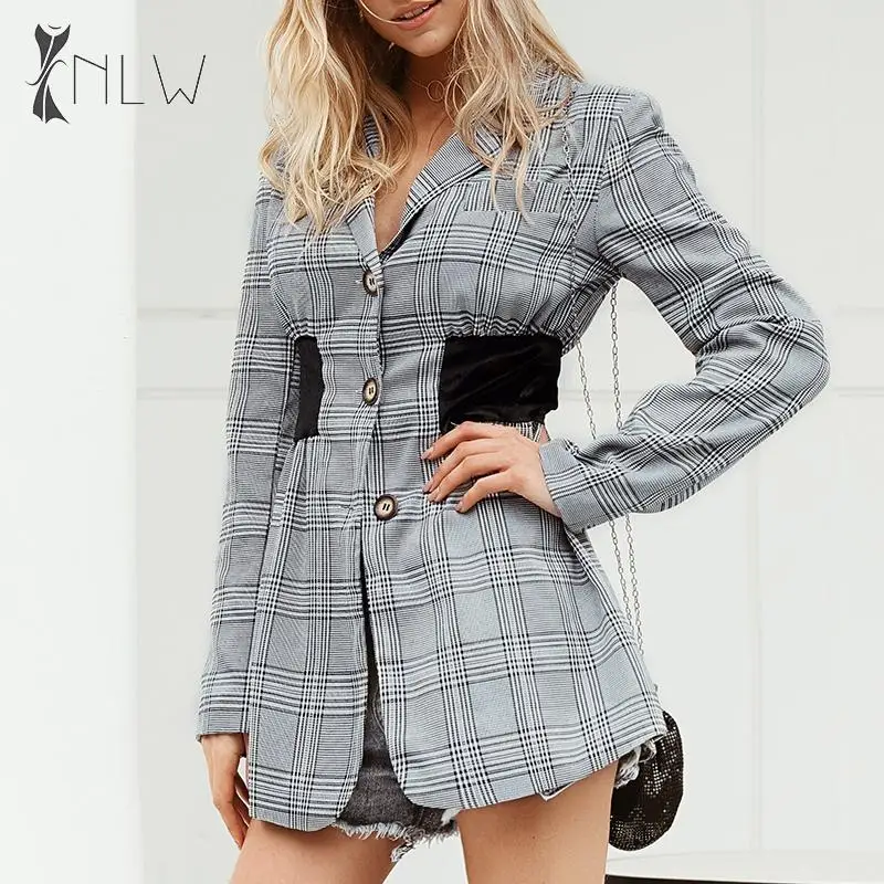 Buy Plaid Grey Long Blazer Jackets 2019 Women Autumn Winter Long Sleeve Streetwear Office Blazer Coat Female Blazer Jacket