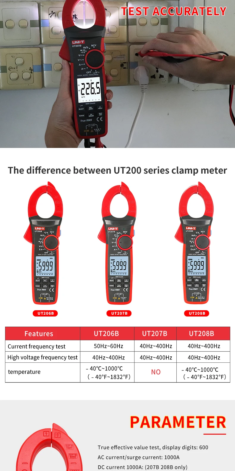 Unit Ut206b/207b/208b Digital Clamp Meter 1000a Ac/dc Current 