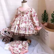 3 предмета, осенне-зимнее испанское вечернее платье Лолита для маленькой девочки, принцесса, длинный рукав, цветок, От 0 до 7 лет, бальное платье с бантом, детская одежда