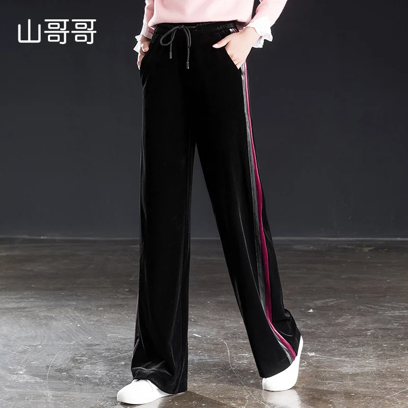 

Shangege women velvet straight wide leg loose pants side color stripe high elastic waist pleuche trousers free shipping