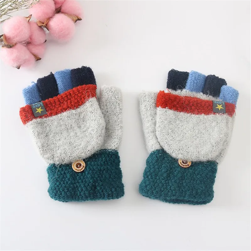 gray BalleenShiny/Детские теплые перчатки с откидной крышкой; детские вязаные перчатки с наполовину пальцами; складные варежки; утолщенные для мальчиков и девочек - Цвет: gray
