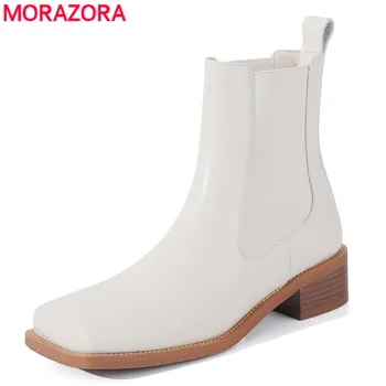 

MORAZORA 2021 New Nature Genuine Leather Boots Square Toe Ankle Boots Fashion Slip On Autumn Short Chelsea Boots Female Shoes
