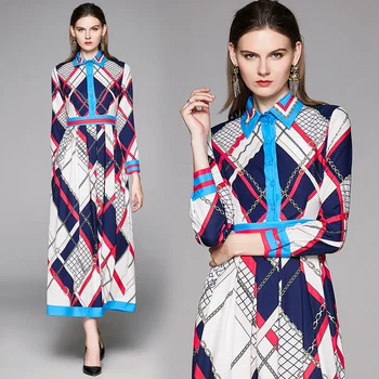 

womens Vintage autumn Designer runway dress clothes long sleeves maxi Floral Elegant slim A-Line party Swing dresses for woman