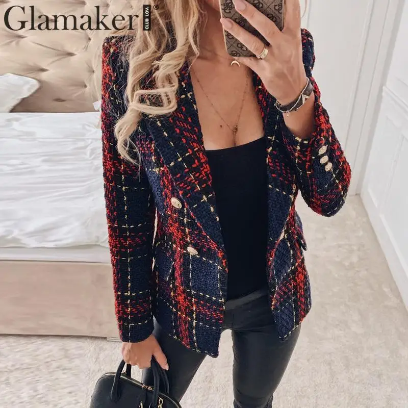 Glamaker Tweed офисная одежда модная куртка блейзер для женщин двубортное теплое пальто верхняя одежда осень зима женский клетчатый блейзер для леди