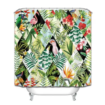 

Tropical Exotic Plants Flamingo Shower Curtain Bathroom & Hooks Polyester Fabric