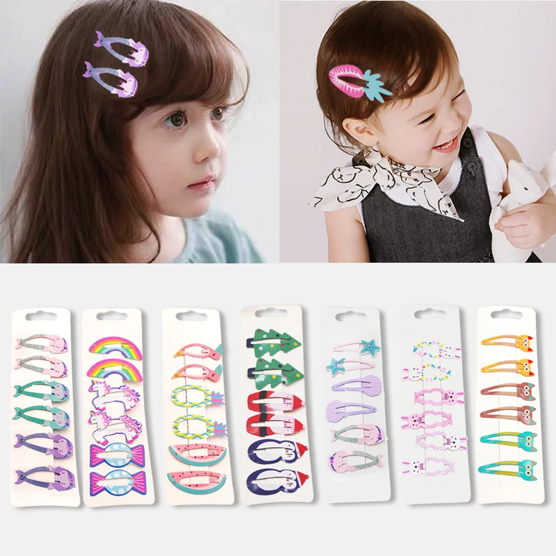 

Fashion Print Cute Children Hairpin Girl Princess Cartoon Bb Clip Rainbow Unicorn Fruit Mermaid Shape Colorful Hair Accessories
