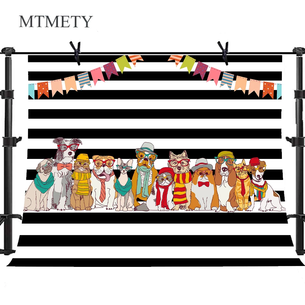 

MTMETY Background Cartoon Animal Zoo Party Black and White Stripes and Colorful Flags Child Birthday Backdrops Photography
