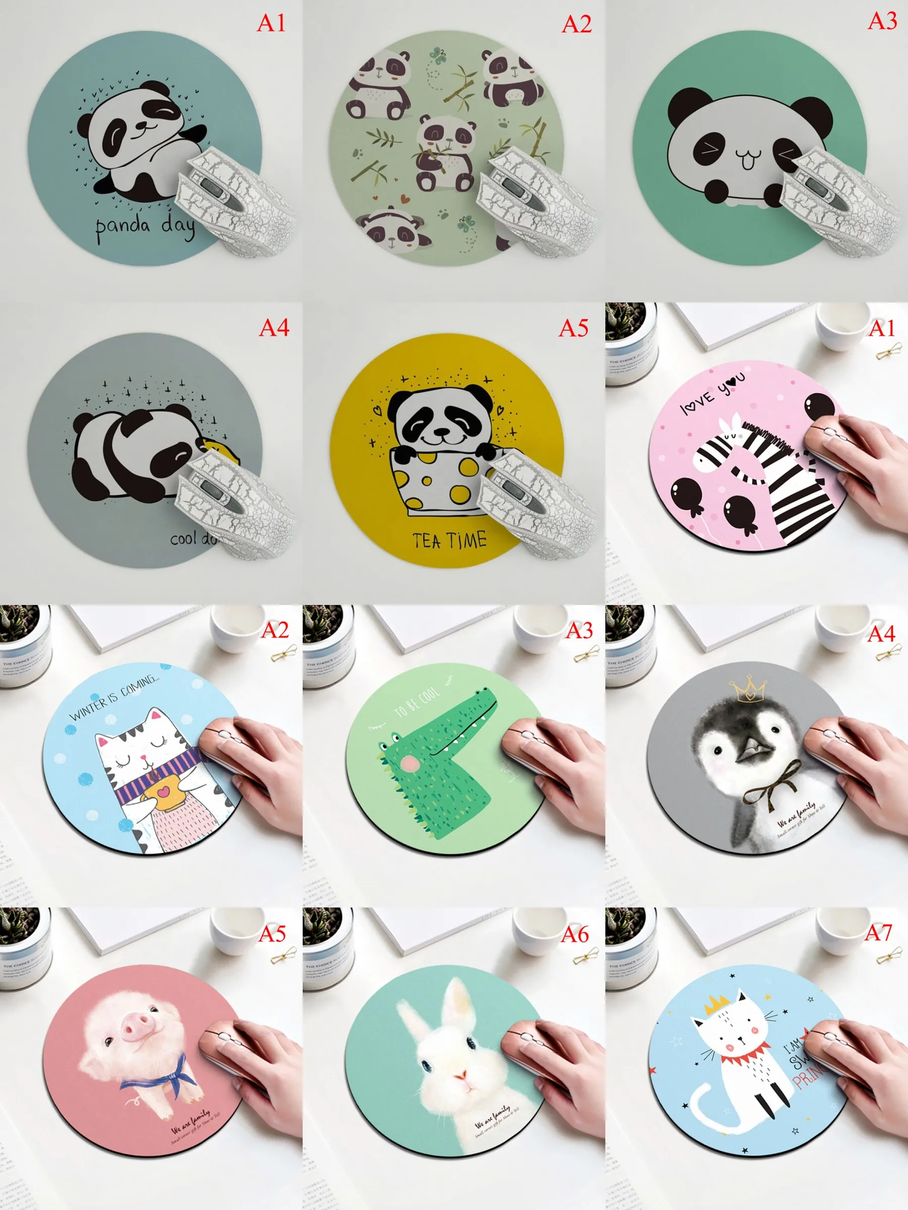 

Cartoon Panda Rabbit Pig Cat Pattern Round Mousepad 200x200MM 11style Animal Mouse Pad Choose For Gift/game/office Tablet Mats