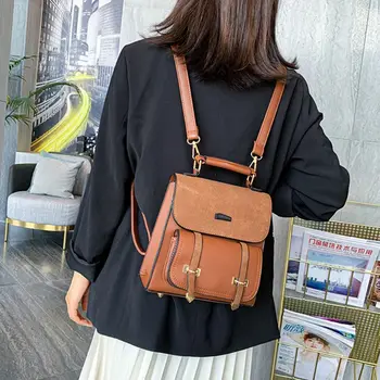 

Girls Retro PU Backpack Scrub Surface Solid Color Preppy Style Shoulder Bag