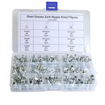 

115Pcs M6/M8/M10 Metal Brass Zerk Grease Nipple Fitting Hardware Assortment Kits