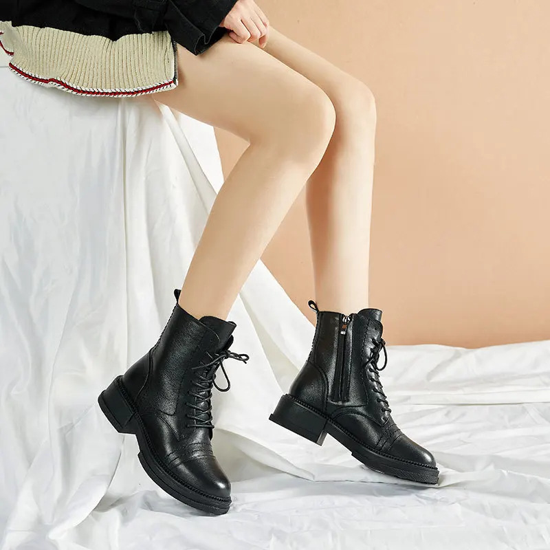 

2019 Autumn and Winter New Black Martin Boots Women's Thick Heel Leather Boots Warm and Velvet Women's Shoes