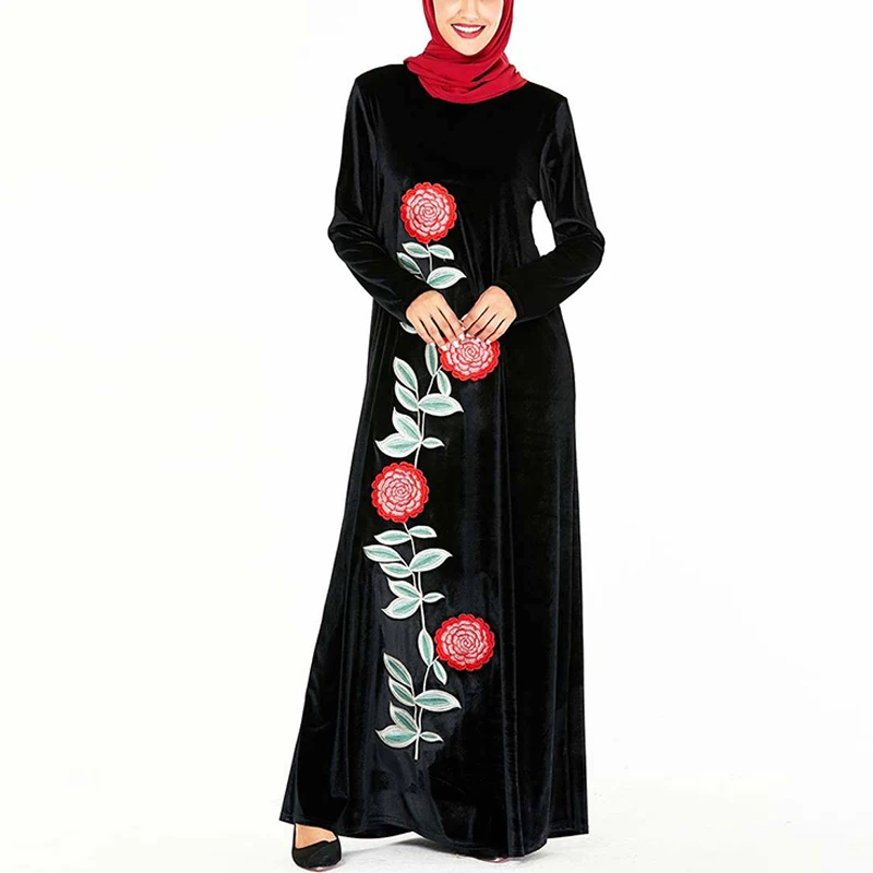 black dress Черный цветочный бархат абайя Дубай мусульманское платье Исламская одежда хиджаб турецкий платья для женщин Кафтан Marocain кафтан халат Kleding - Цвет: black dress