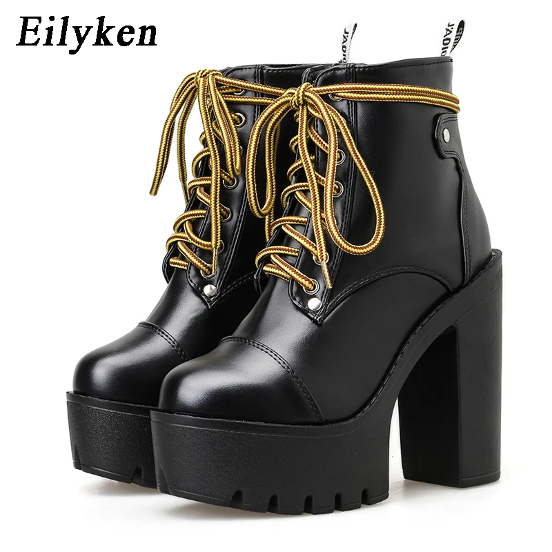 Eilyken/модные зимние ботильоны из искусственной кожи на платформе с перекрестной шнуровкой; сапоги для верховой езды на толстом каблуке со шнуровкой; женские ботинки