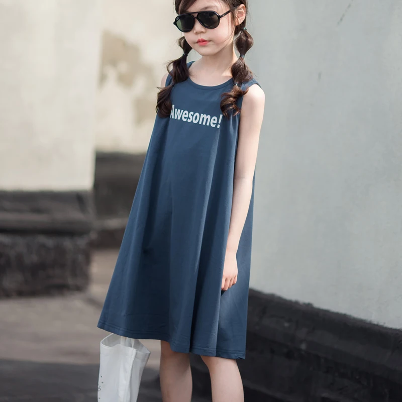 Коллекция года, одежда для мамы и дочки повседневные хлопковые платья-майки для больших девочек летнее свободное пляжное платье для подростков Детский сарафан для детей возрастом от 4 до 16 лет