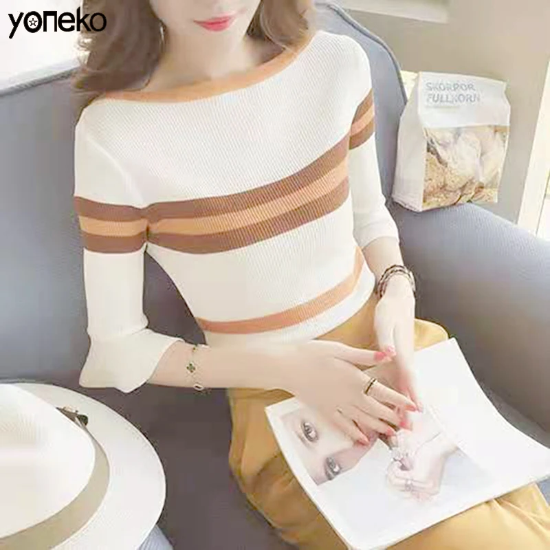 

Women Sweaters And Pullovers Sueter Mujer Ruffled Half Sleeve Striped Sweaters Slim Elastic Women Winter Tops Knitted Sweater