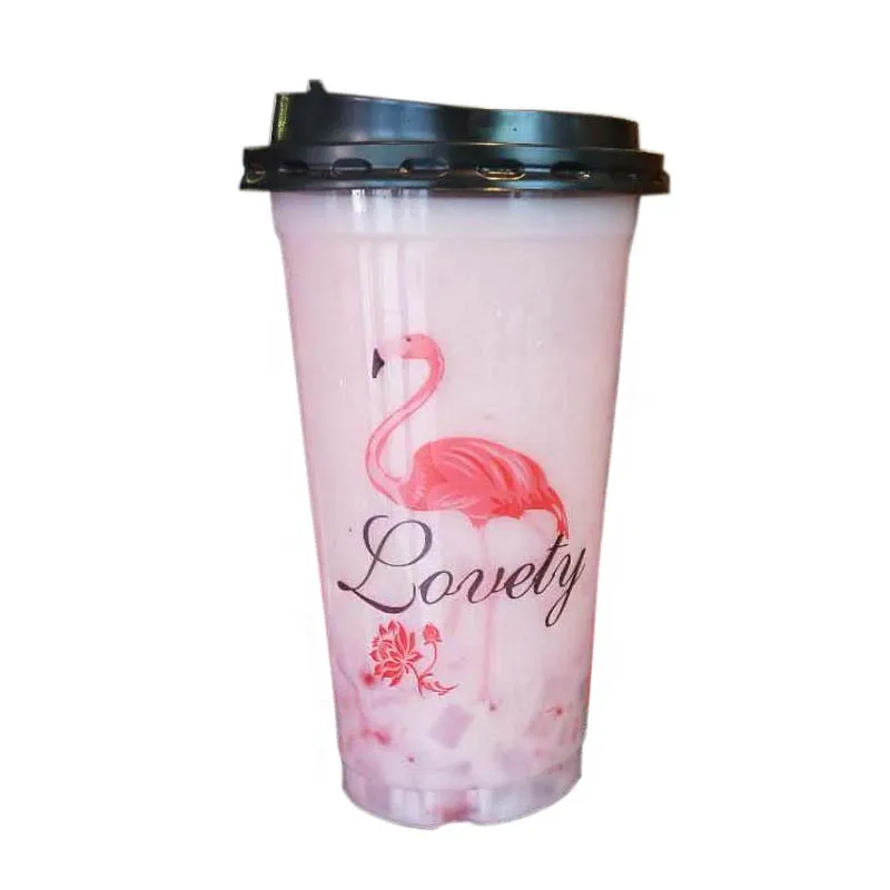 500pcs High quality flamingo cup 500ml transparent disposable coffee milk tea juice cold drink plastic cups with cover wholesale