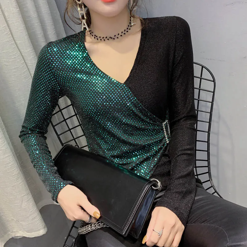 

Long Sleeve Women T-Shirt 2020 Spring Elasticity Sexy V Neck Sequin Splice Tshirt Ladies Slim Basis Tee Tops Female Blusas Mujer