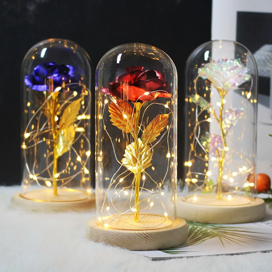 

6 Colour mother's day Valentine's Gifts Beauty And The Beast Red Rose In A Glass Dome LED Rose Lamps Christmas