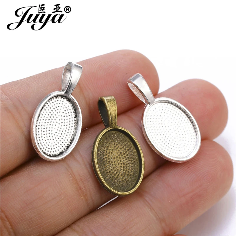 JUYA 30 teile/los Fit 10x14mm Oval Glas Anhänger Blank Einstellungen Cabochons Basen Lünette Tabletts DIY Halskette schmuck Machen Zubehör