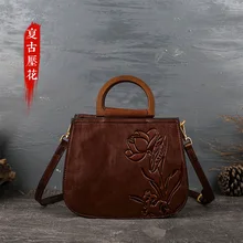 Кожаная женская сумка в стиле ретро, тисненая Женская косая сумка из воловьей кожи на одно плечо, ручная сумка средней высоты