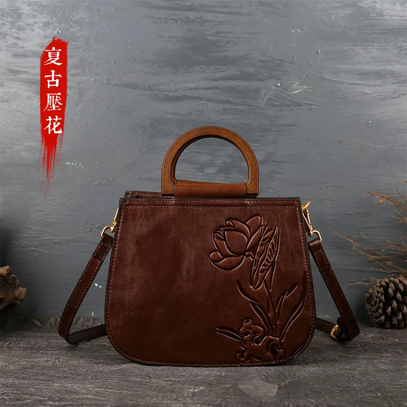 

leather women's bag retro embossed women's oblique satchel head layer cowhide single shoulder Kelly bag hand-held middle bag