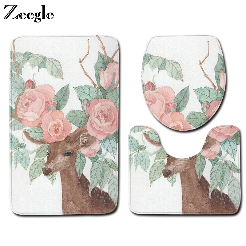 Zeegle 3pcs Bath Mat Set Anti Slip Batroom Shower Mat Toilet Pedestal Rug Foot Mat Flannel Soft Toilet Seat Cover Rug Toilet Set