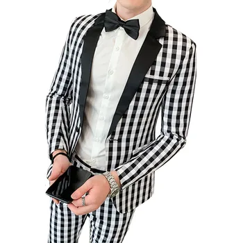 

2019 autumn new fashion slim plaid long-sleeved suit suit groom wedding dress mens jacket with pants British wind suit two-piece