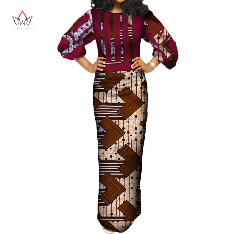 BRW летние африканские хлопковые платья для женщин с О-образным вырезом длинное платье Bazin Riche Макси платье с длинным рукавом Размер Pius WY3387 - Цвет: 16
