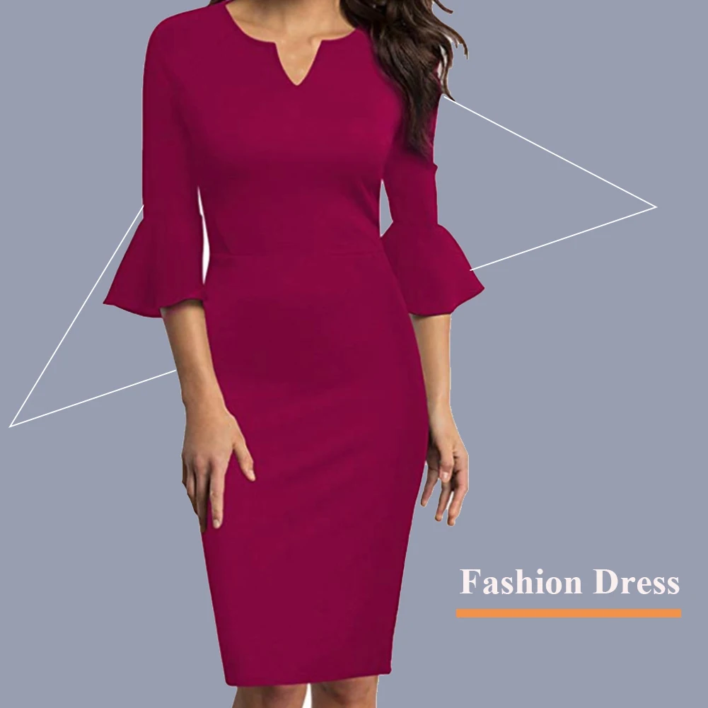Women Dress Y-neck Daily High Waist Work Elegant Package Hip Shopping Knee Length Midi Solid Travel Three Quarter Sleeve - Цвет: Rose Red