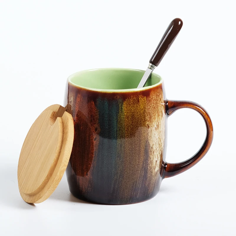 with cover and spoon Креативное искусство красочная овсянка чашка для завтрака офисные керамические кофе латте кружка подарок на день рождения - Цвет: with cover and spoon