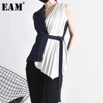 

[EAM] Women Contrast Color Pleated Bandage Loose Fit Vest New V-collar Sleeveless Fashion Tide Spring Autumn 2020 YC31105