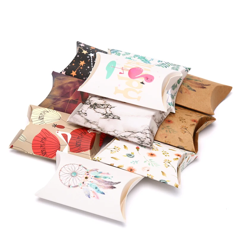 10Pcs Multi Design Dreamcatcher Jewelry Package Pillow Box Paper Marbel Candy Display Box Flower Design Gifts Pillow Package Box