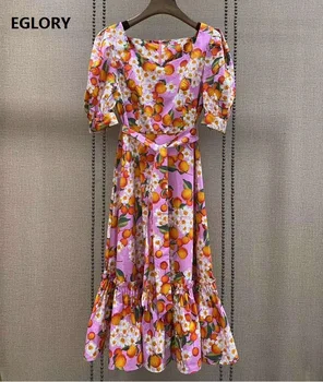 

2020 Summer Fashion Designer Dress Women Sexy Square Collar Sweet Fruit Print Short Sleeve Mid-Calf Length Casual Purple Dress