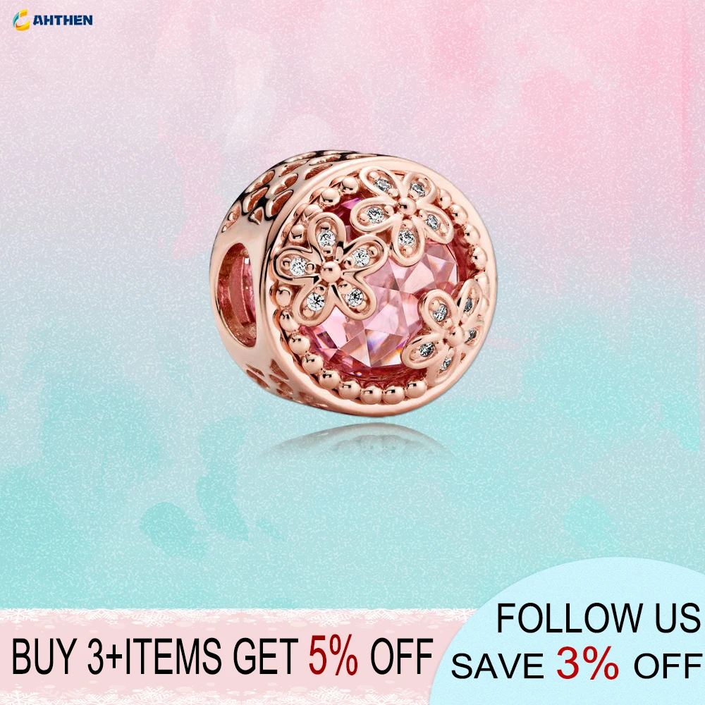 

2020 New Series s925 Sterling Silver Beads Sparkling Pink Daisy Flower Charms fit Original Pandora Bracelets Women DIY Jewelry