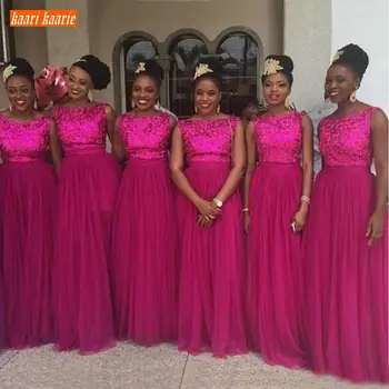 

Trendy Fuchsia Bridesmaid Dresses Long Tulle Sequin A Line Wedding Party Guest Dress African Sleeveless Bridesmaids Gowns Custom
