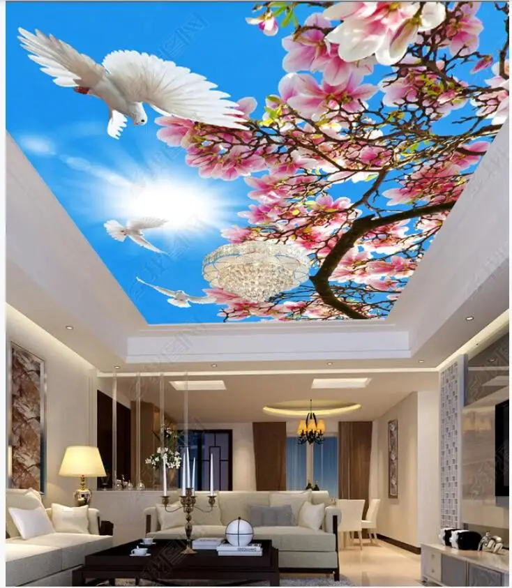 

Пользовательские фото 3d обои потолочные росписи голубое небо Цветочная ветка белый голубь Декор 3d настенные фрески обои в гостиной
