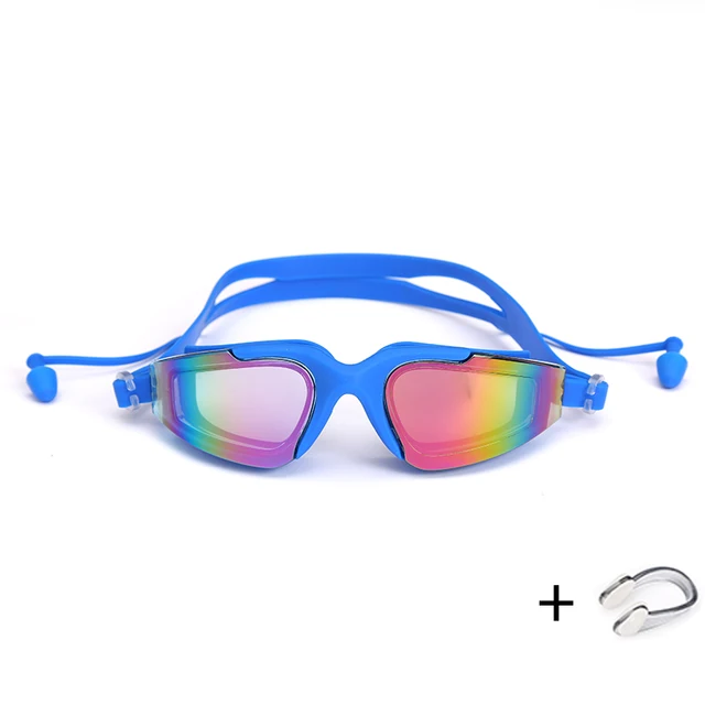 Professional Swimming Goggles Swimming Glasses with Earplugs Nose Clip Electroplate Waterproof Silicone очки для плавания Adluts Blue 36-a