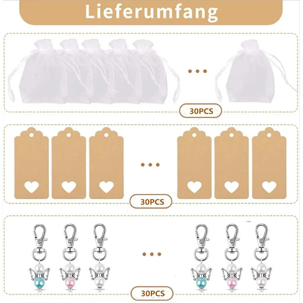 30Pcs/set Angel Design Keychain Favors Set White Organza Gift Bags Thank You Kraft Tags for Baby Shower Wedding Birthday Party
