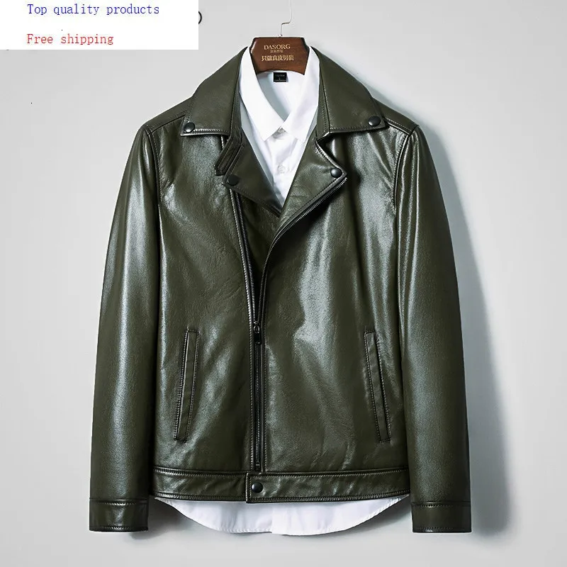 

Genuine Leather Jacket Men Spring Autumn Cowhide Coat Short Dark Green Mens Leather Jackets Korean Deri Mont KJ2726