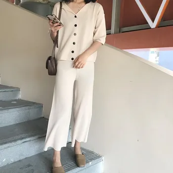 

Women Tracksuit Two Piece Set Top and Pants 2020 Spring Korean Solid Color Knitted Cardigan Elastic Waist Casual Capri Pants