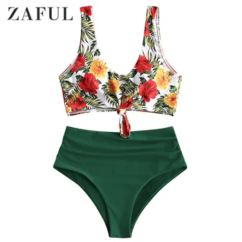 

ZAFUL Women Flower Knotted Tummy Control Tankini Swimwear High Waisted Scoop Neck Tankini Sets 2020 Fashion Two Pieces Swismuit