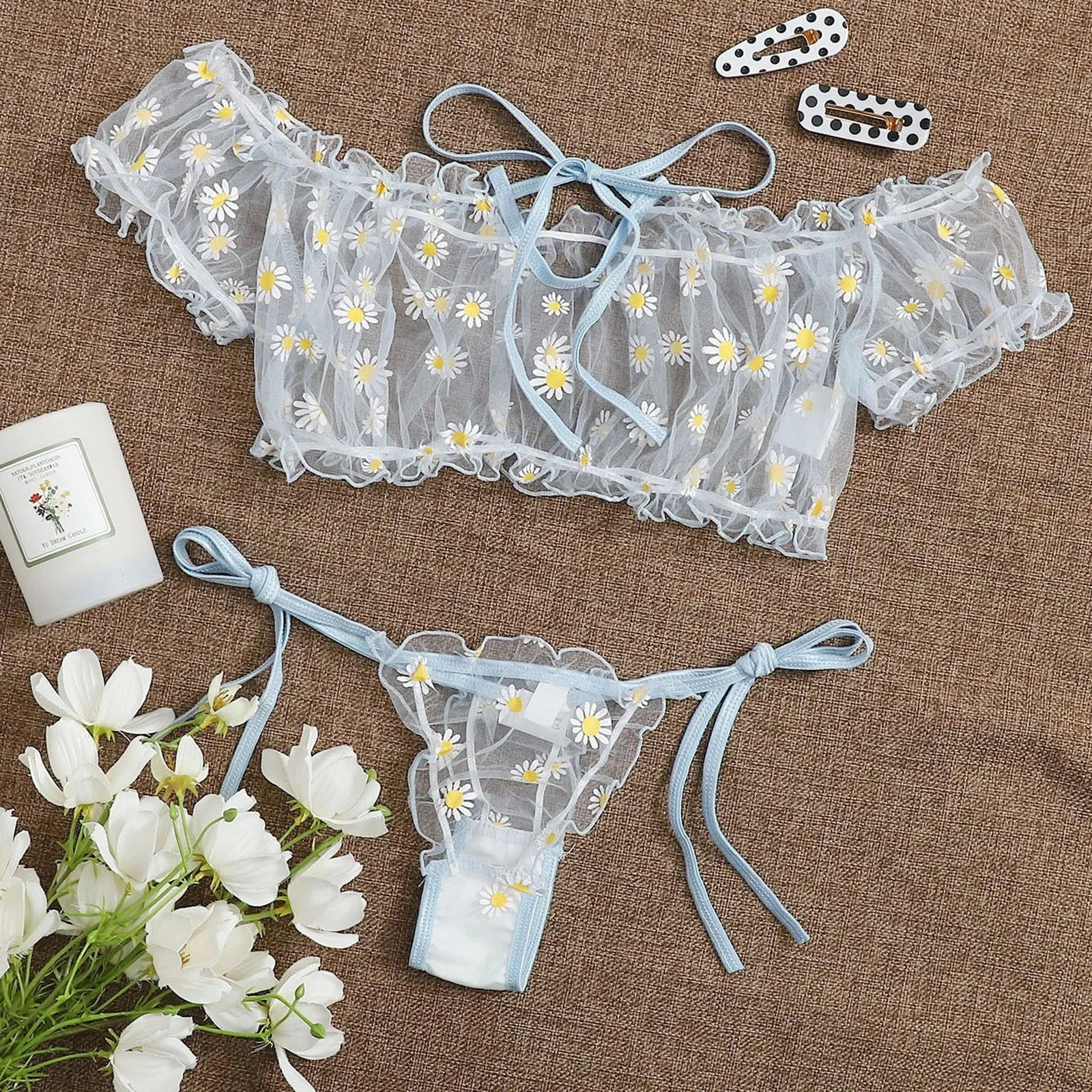 Ensemble de lingerie perspective pour femmes, broderie en dentelle, nœud papillon, soutien-gorge sans bretelles, string, sous-vêtements de tentation, vêtements de nuit_voghion.com