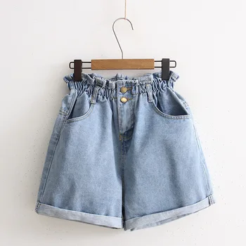 

2020 Summer New Style Japanese-style Simple Versatile High-waisted Wide-Leg Jeans Loose Elastic Waist Slimming Denim Shorts