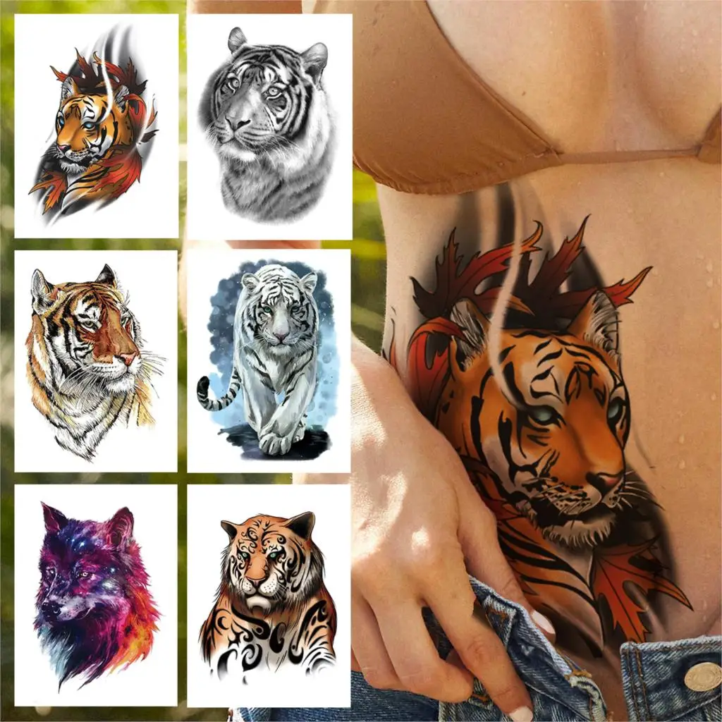 

Realistic Fake Tiger Temporary Tattoos For Women Men Adult Kids Watercolor Wolf Tattoo Sticker Waterproof Covers Up Tatoos Wasit