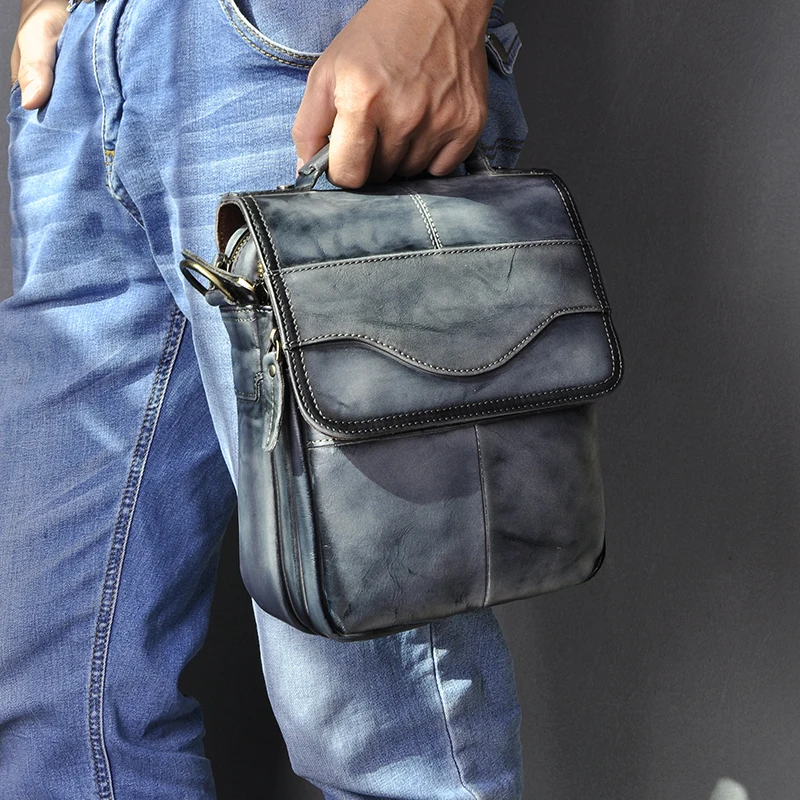 Оригинальная кожаная мужская модная повседневная сумка-тоут сумка-мессенджер дизайнерская сумка через плечо сумка на одно плечо сумка для планшета для мужчин 144-b - Цвет: blue-black